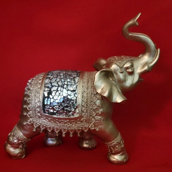 Golden Standing Elephant Trunk Up Figurine - Picture 1 of 14